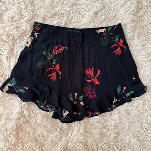 Zara floral ruffle hem shorts high rise floral print viscose pockets zip up SZ S